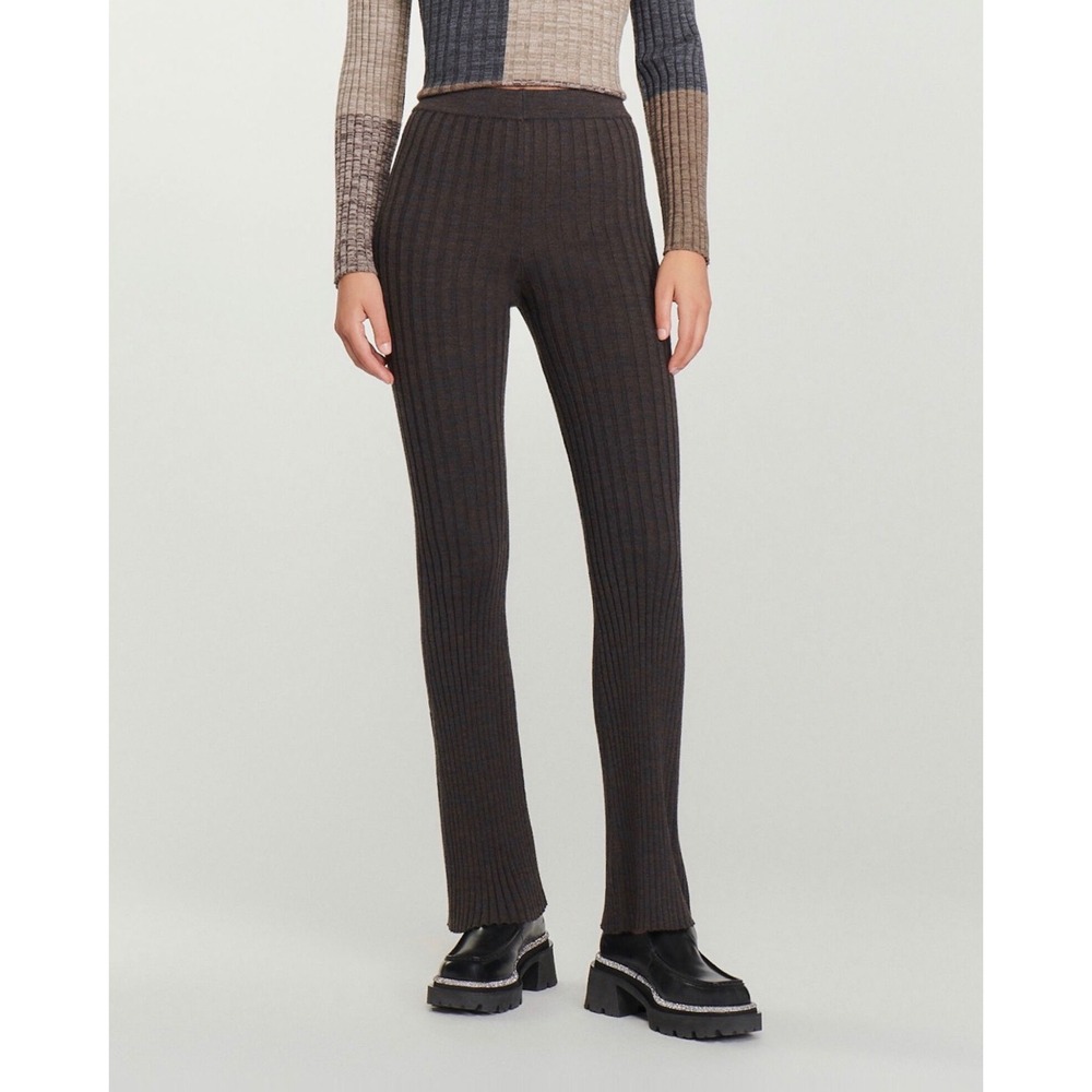 H1 Sandro Paris Brown Ribbed Knit Flare Pants High Waisted Trousers 38 Stretchy